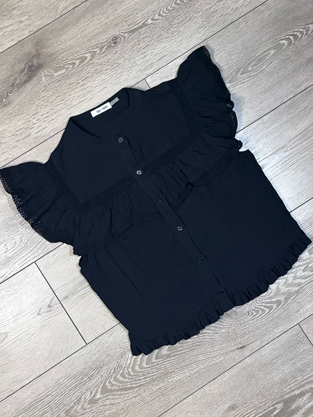 Day + Moon Button Up Flutter Sleeve Ruffle Whimsigoth Top Crochet Detailing - Picture 3 of 15